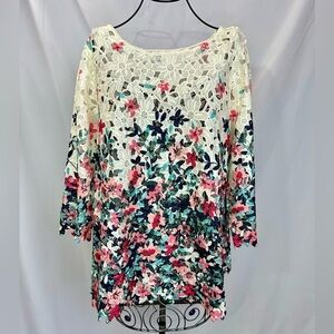 charter club floral eyelet 3/4 sleeve blouse size L
